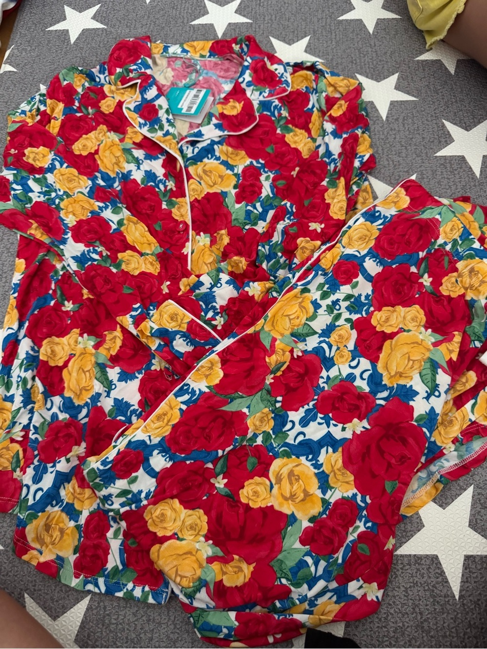 Posh Peanut Women’s Floral Pajama Set - Red, Yellow & Blue Roses